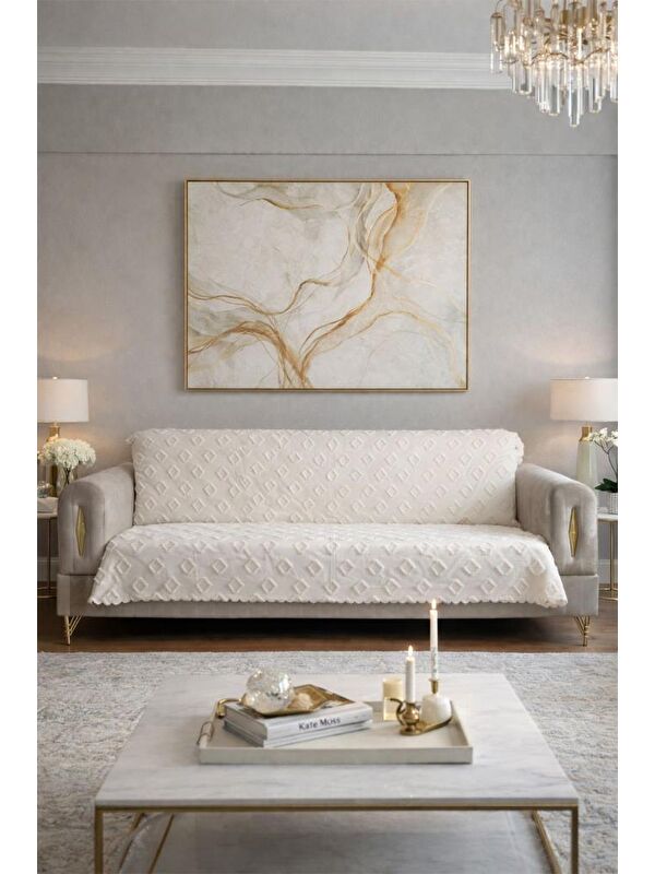 Çeyiz Diyarı Pondü 170x210 cm Kaymaz Taban Koltuk Örtüsü Krem