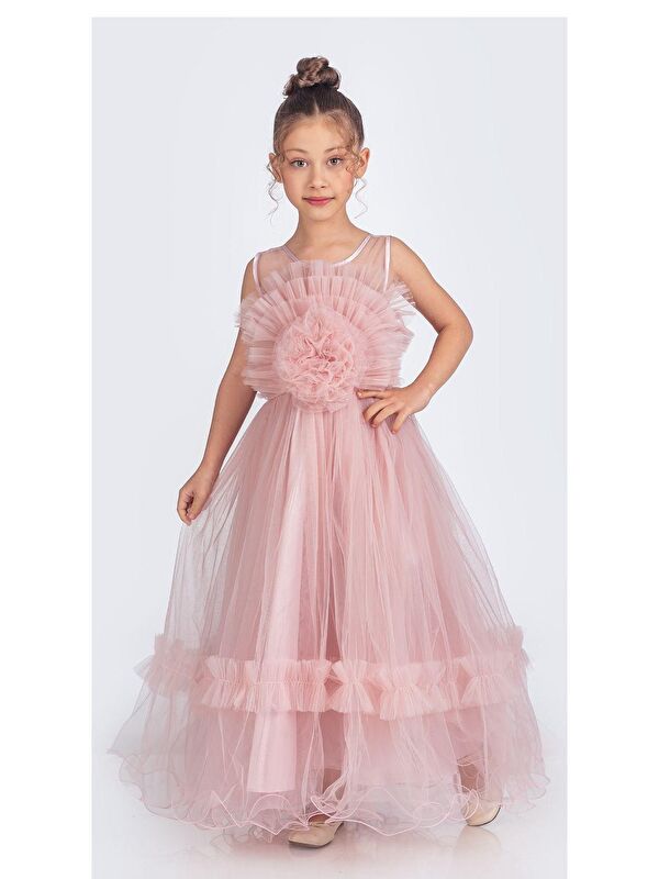 Mnk Baby & Kids Uzun Etekli , Askılı Kız Cocuk Gül Motif Abiye Elbise M00670