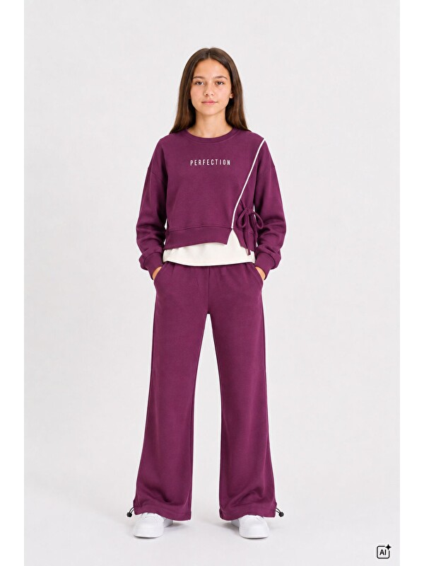 Cansın Mini Bordo Kız Çocuk Garnili Sweatshirt Lastikli Paça Eşofmanlı 2li Alt Üst Takım 24768