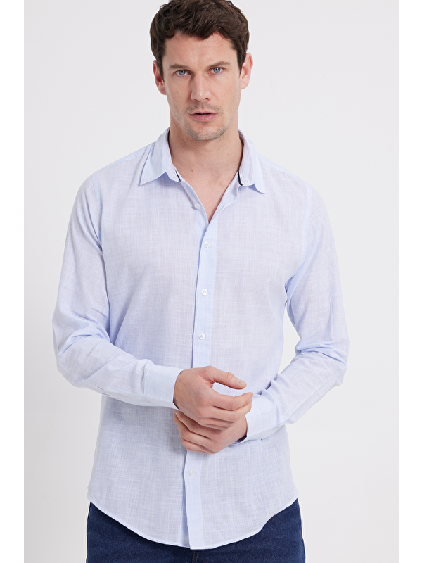 TUDORS Erkek Slim Fit Dar Kesim Uzun Kollu Keten Efektli Gömlek