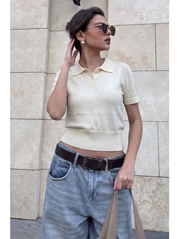 Madmext Ekru Slim Fit Polo Yaka Triko Tişört Mg2805