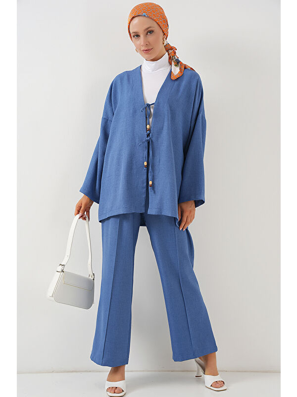 Bigdart Kadın Keten Kimono İkili Takım 6727 - İndigo