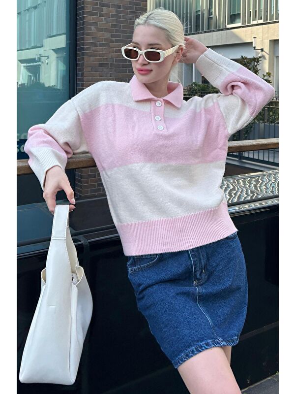 Madmext Pembe Düğmeli Polo Yaka Çizgili Kadın Kazak Mg2286
