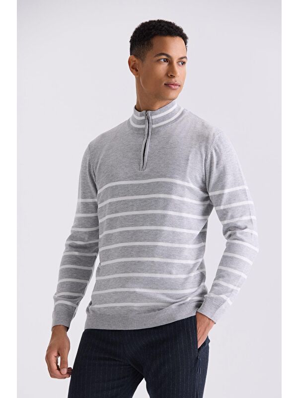 JAKAMEN Gri Slim Fit Yarım Balıkçı Triko Kazak