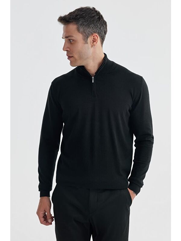 JAKAMEN Siyah Slim Fit Fermuarlı Dik Yaka Triko Kazak