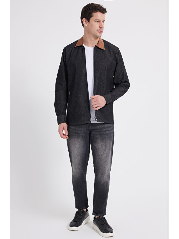 TUDORS Erkek Regular Fit Rahat Kesim Kadife Yaka Fermuarlı Denim Siyah Ceket