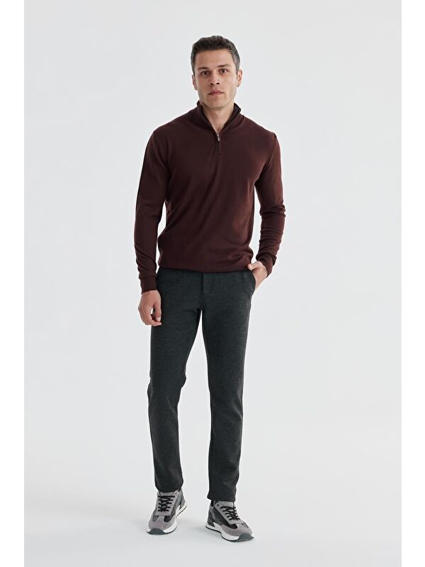 JAKAMEN Bordo Slim Fit Fermuarlı Dik Yaka Triko Kazak