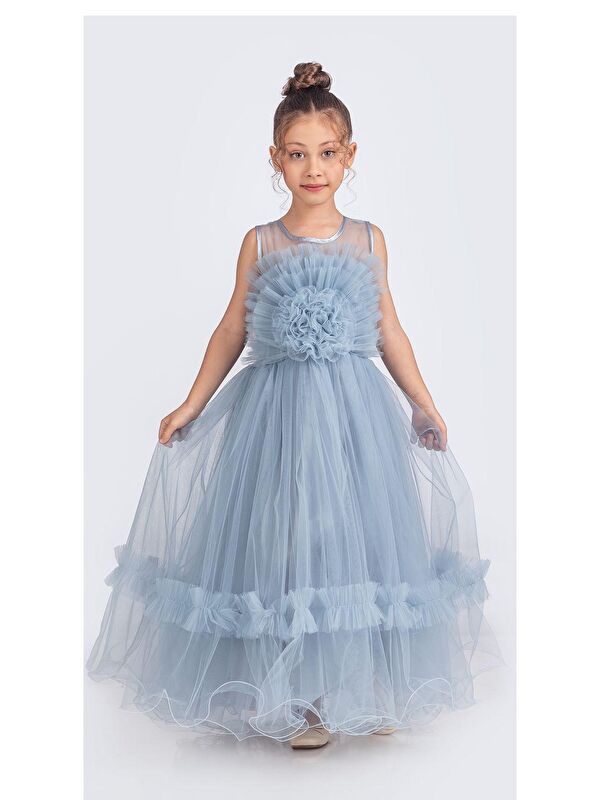 Mnk Baby & Kids Uzun Etekli , Askılı Kız Cocuk Gül Motif Abiye Elbise M00670