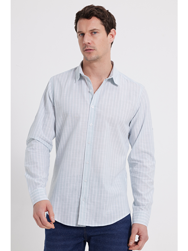 TUDORS Erkek Slim Fit Dar Kesim Uzun Kollu %100 Pamuk Keten Doku Çizgili Gömlek