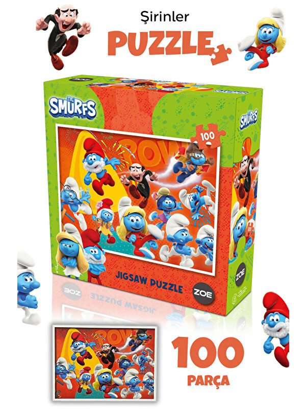 Meleni Toys 100 Parça Şirinler Puzzle Seti - Çizgi Karakter Figürlü 6-7 Yaş Eğitici Yapboz Seti 34x24 cm