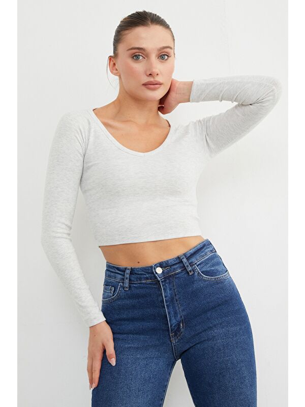 Fullamoda V Yaka Uzun Kol Crop Bluz