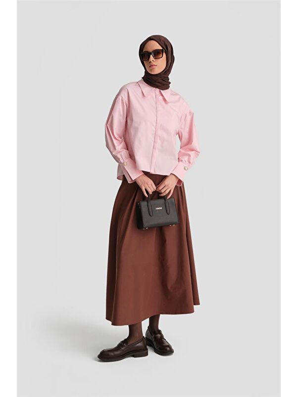 ARMİNE Sivri Yakalı Floş Keten Gömlek 24K3602 Pembe