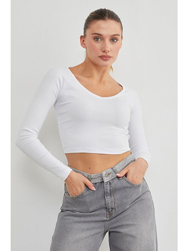 Fullamoda V Yaka Uzun Kol Crop Bluz