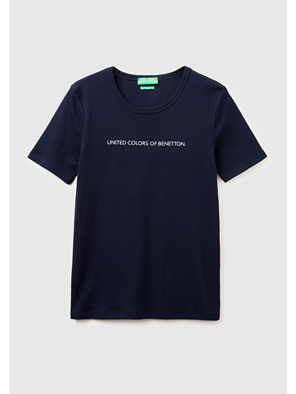 United Colors Of Benetton Kadın Lacivert %100 Pamuk Logo Baskılı Bisiklet Yaka T-Shirt