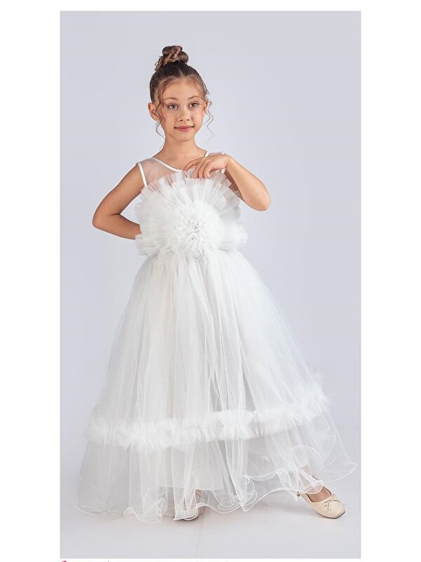 Mnk Baby & Kids Uzun Etekli , Askılı Kız Cocuk Gül Motif Abiye Elbise M00670