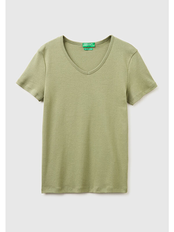 United Colors Of Benetton Kadın Haki %100 Pamuk Geniş V Yaka T-Shirt