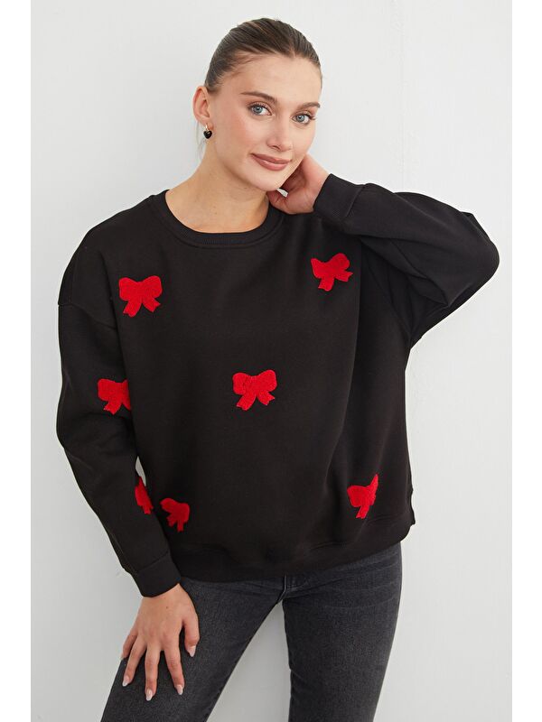 Fullamoda 3 İplik Fiyonk Nakışlı Oversize Sweatshirt