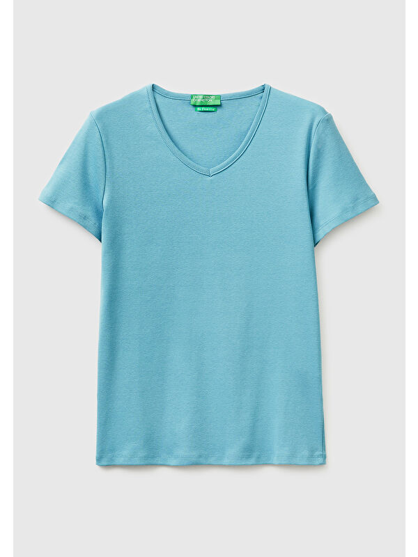 United Colors Of Benetton Kadın Açık Mavi %100 Pamuk Geniş V Yaka T-Shirt