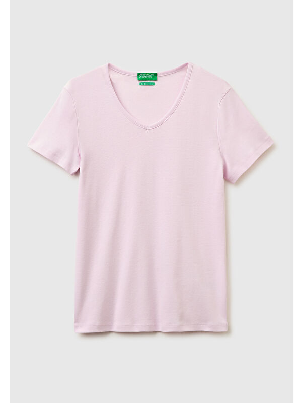 United Colors Of Benetton Kadın Açık Pembe %100 Pamuk Geniş V Yaka T-Shirt