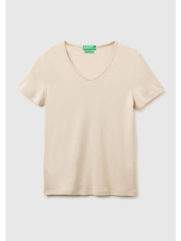 United Colors Of Benetton Kadın Taş %100 Pamuk Geniş V Yaka T-Shirt