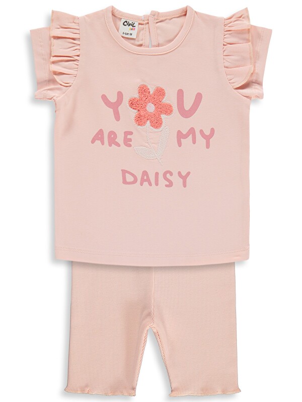 Civil Baby Yazı-Çiçek Baskı Nakış 6-18 Ay Takım - Pudra