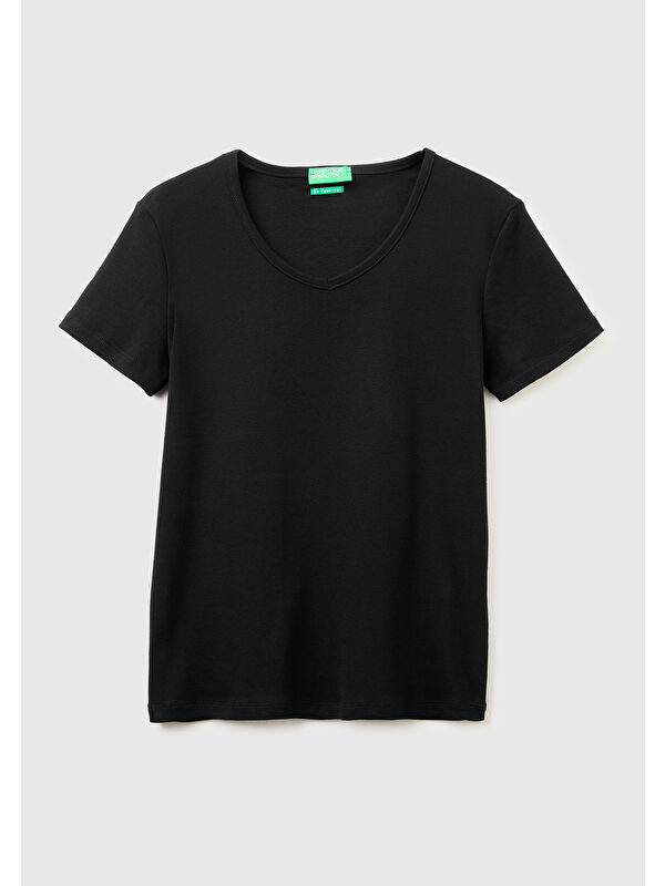 United Colors Of Benetton Kadın Siyah %100 Pamuk Geniş V Yaka T-Shirt