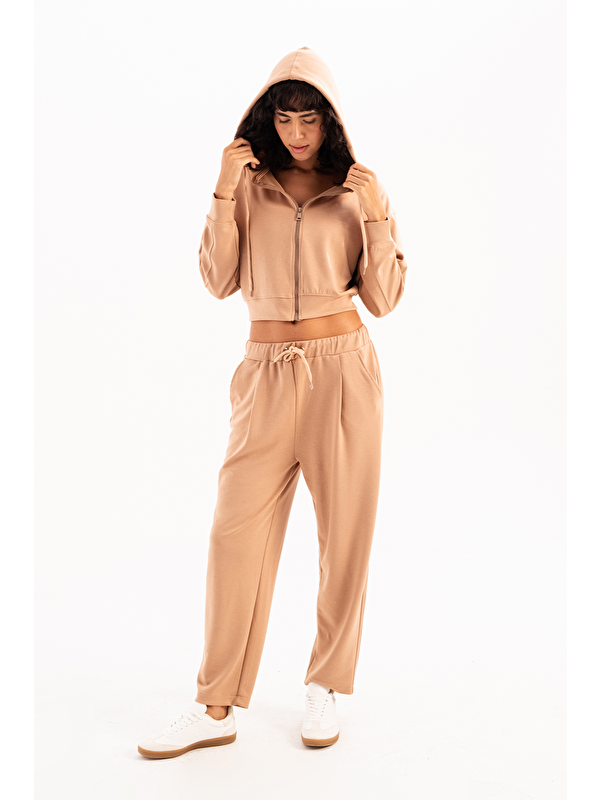 JUSTEVER Oversize Eşofman Altı Pantolon Fit Beli Lastikli Cepli Rahat Kesim Kadın Flex Vizon