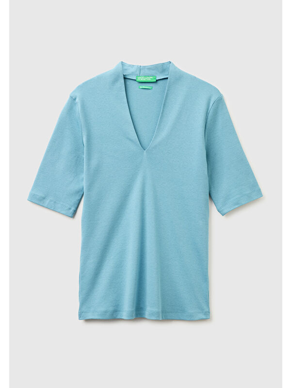 United Colors Of Benetton Kadın Mavi %100 Pamuk Yarım Kollu Derin V Yaka T-Shirt