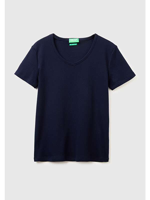 United Colors Of Benetton Kadın Lacivert %100 Pamuk Geniş V Yaka T-Shirt