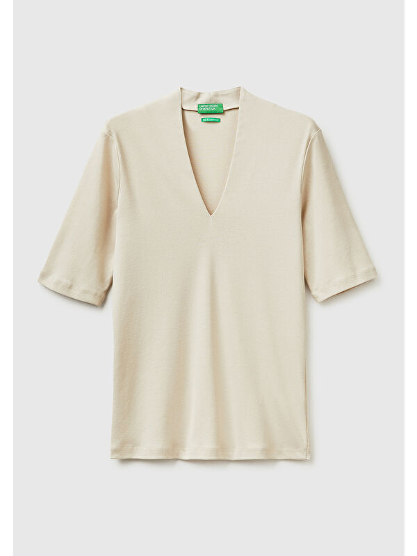 United Colors Of Benetton Kadın Taş %100 Pamuk Yarım Kollu Derin V Yaka T-Shirt