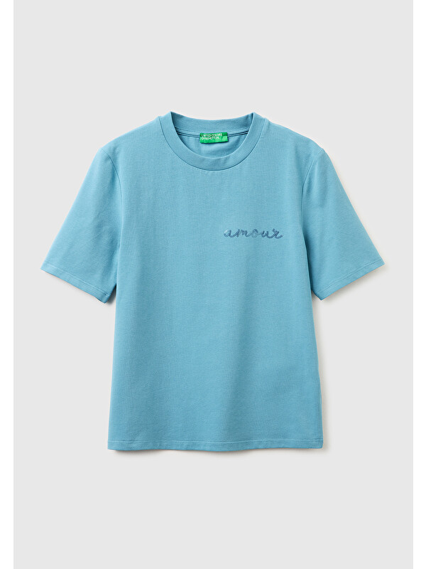 United Colors Of Benetton Kadın Açık Mavi Pamuk Karışımlı Payetli Nakışlı Bisiklet Yaka T-Shirt
