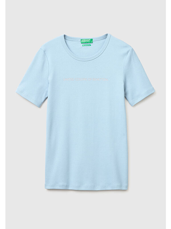 United Colors Of Benetton Kadın Açık Mavi %100 Pamuk Logo Baskılı Bisiklet Yaka T-Shirt