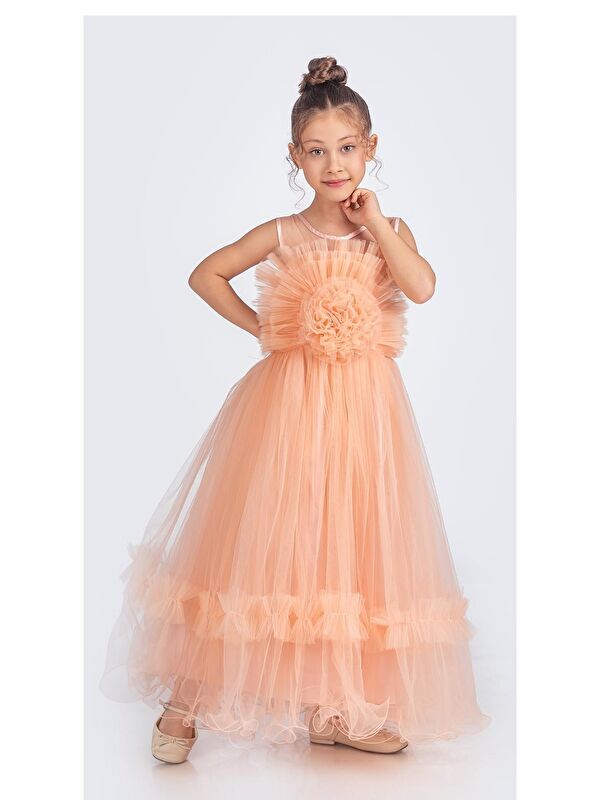Mnk Baby & Kids Uzun Etekli , Askılı Kız Cocuk Gül Motif Abiye Elbise M00670