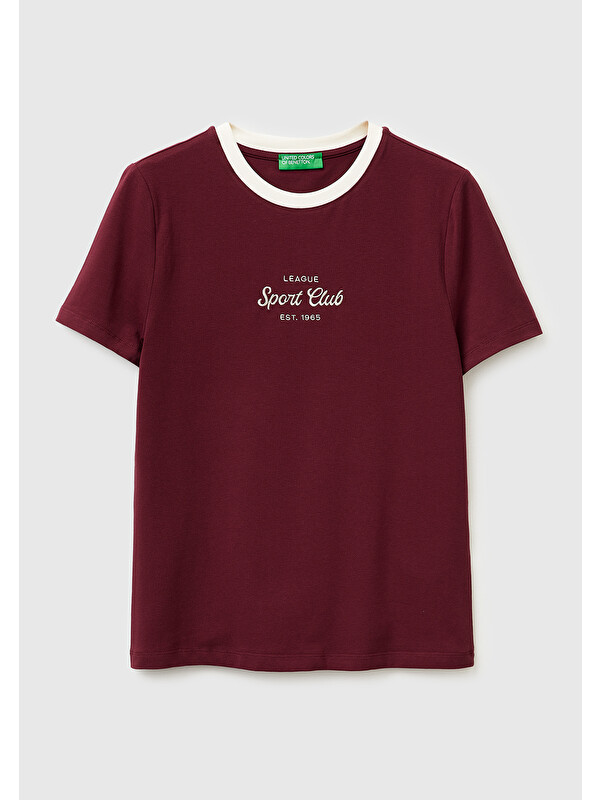United Colors Of Benetton Kadın Bordo Pamuk Karışımlı Önü İşlemeli Bisiklet Yaka T-Shirt