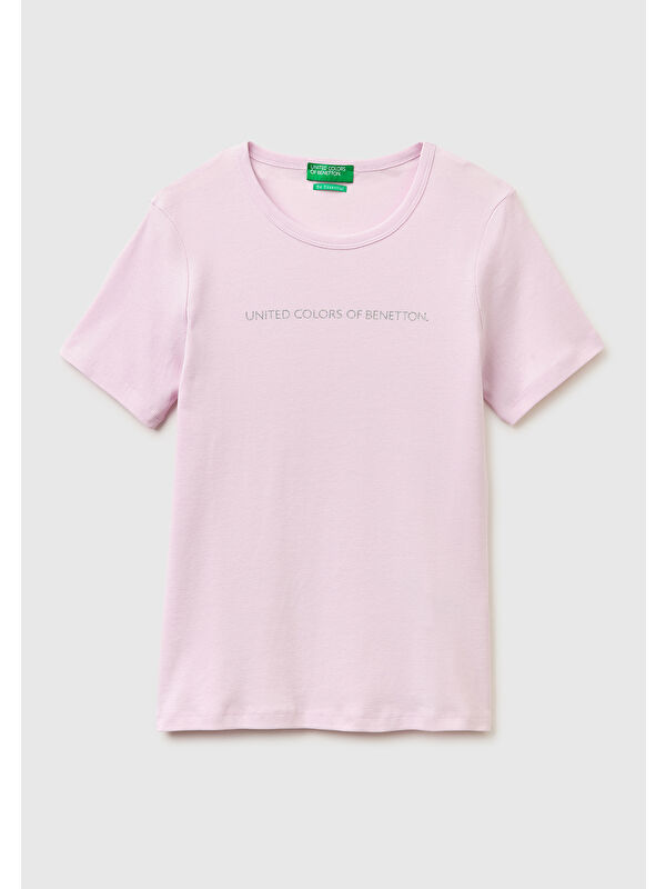 United Colors Of Benetton Kadın Açık Pembe %100 Pamuk Logo Baskılı Bisiklet Yaka T-Shirt
