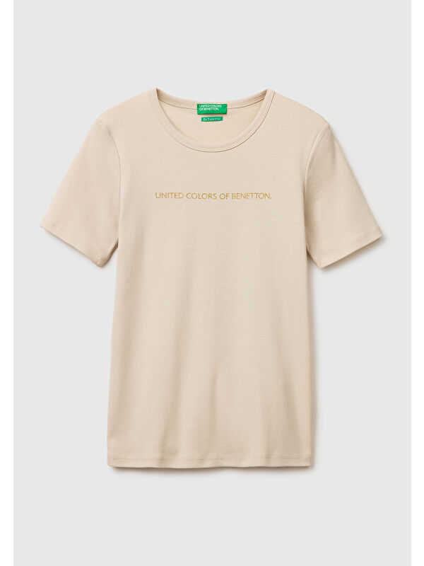 United Colors Of Benetton Kadın Taş %100 Pamuk Logo Baskılı Bisiklet Yaka T-Shirt