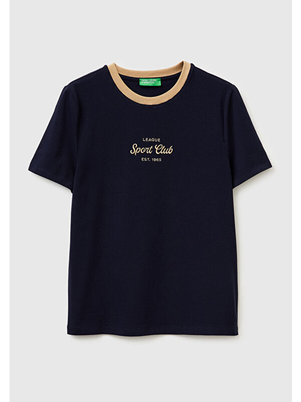 United Colors Of Benetton Kadın Lacivert Pamuk Karışımlı Önü İşlemeli Bisiklet Yaka T-Shirt