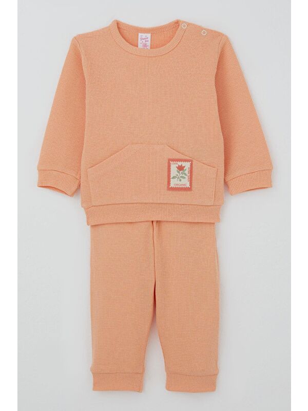Breeze Kız Bebek Pijama Takımı Omuzdan Patlı Çiçek Baskı Armalı Somon (4 Ay-1 Yaş)