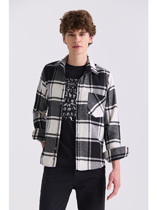 JAKAMEN Siyah Slim Fit Ekose Desenli Pamuklu Cepli Oduncu Gömlek