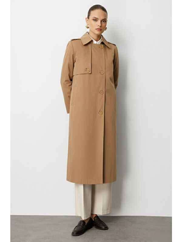 Mizalle Camel Apoletli Klasik Maxi Mac Trençkot