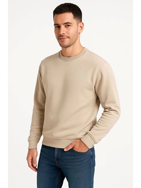 Jane's Erkek Üç İplik Düz Bisiklet Yaka SweatShirt - Bej