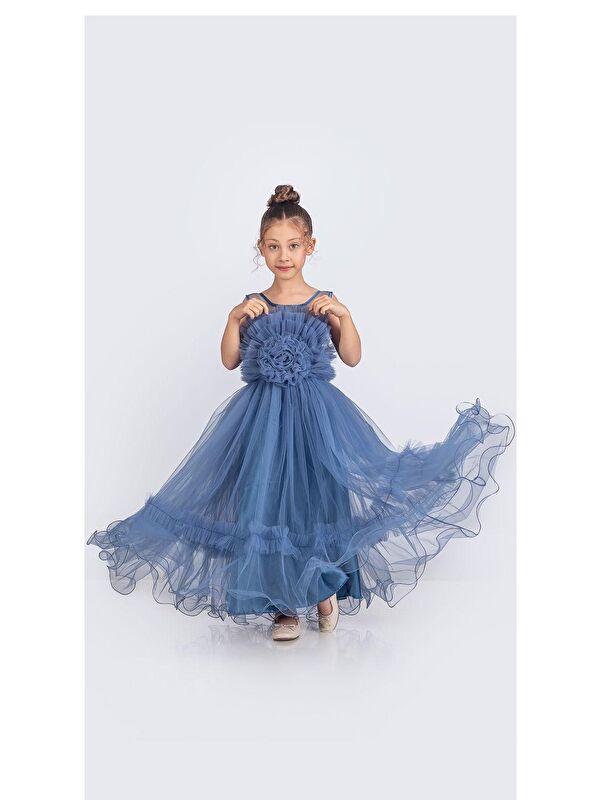 Mnk Baby & Kids Uzun Etekli , Askılı Kız Cocuk Gül Motif Abiye Elbise M00670