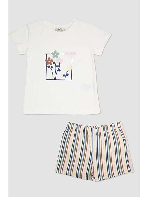 Panço Kız Çocuk Çizgi Desenli Ekru Pijama Takımı