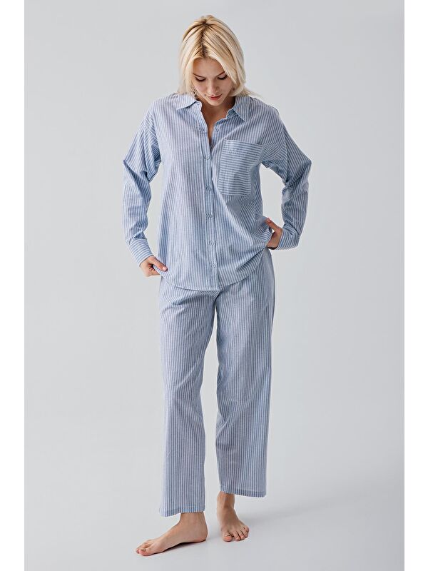 Artış Uzun Kollu Çizgili Düğmeli Dokuma %100 Pamuk Pijama Takım 19209