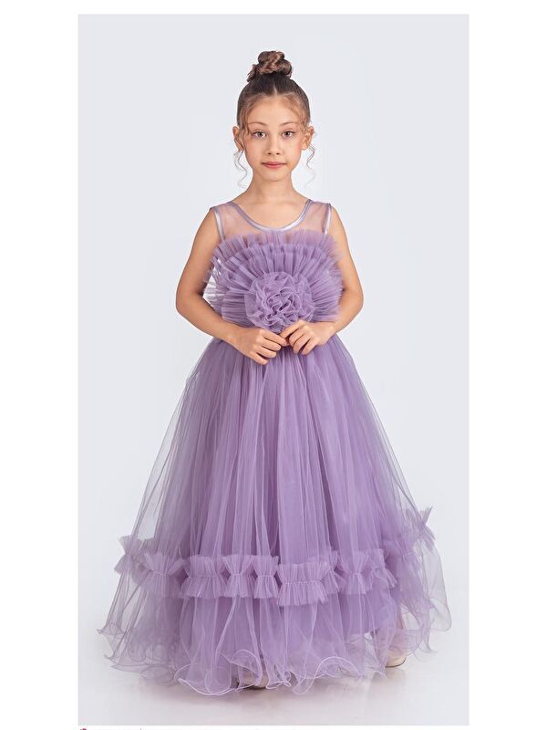 Mnk Baby & Kids Uzun Etekli , Askılı Kız Cocuk Gül Motif Abiye Elbise M00670