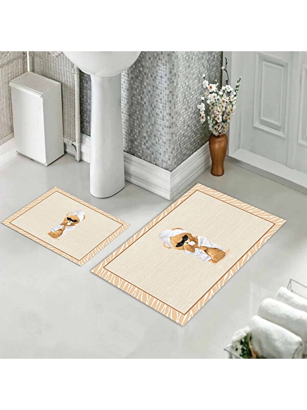 Evmila Teddy Bear Desenli 2 li Kaydırmaz Banyo Paspas Seti