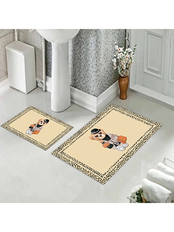 Evmila Teddy Bear Desenli 2 li Kaydırmaz Banyo Paspas Seti