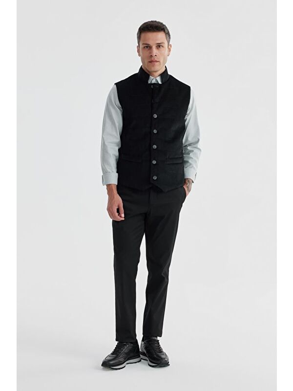 JAKAMEN Siyah Hakim Yaka Çift Taraflı Slim Fit Yelek