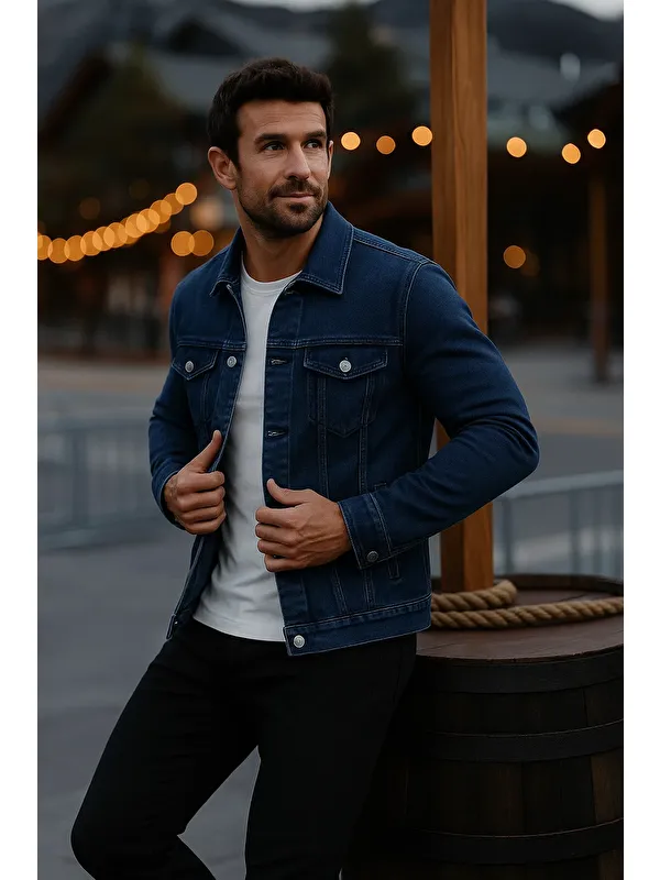 Comstar Erkek Mevsimlik Slim Fit Düğmeli Klasik Lacivert Jean Ceket
