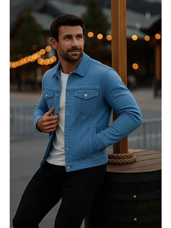 Comstar Erkek Mevsimlik Slim Fit Düğmeli Klasik B.Mavi Jean Ceket